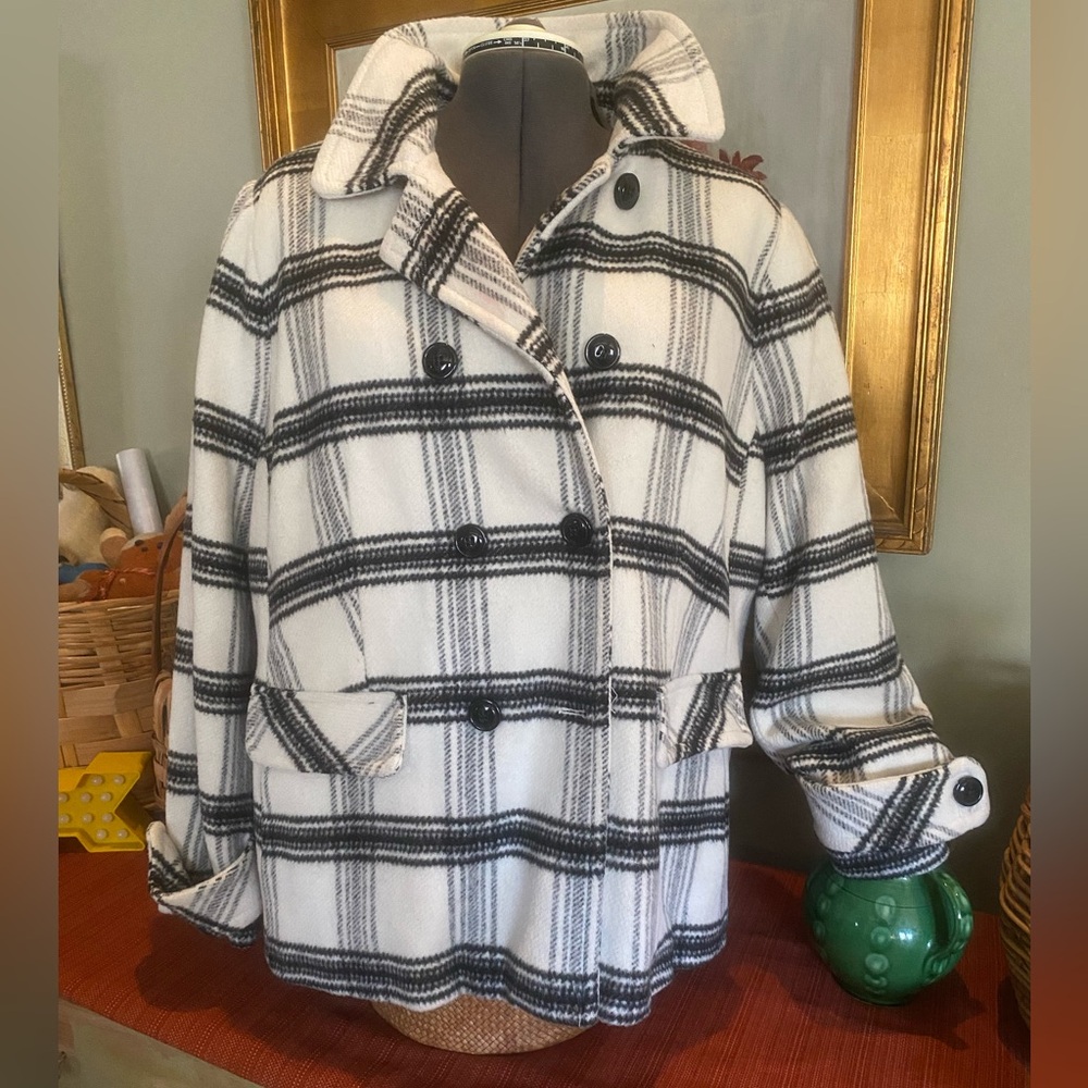 Metaphor Pea Coat Ivory And Black Plaid Double Breasted Wool Blend Size 2X